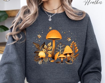 Sudadera con setas otoñales, suéter de otoño con bosque, jersey de cuello redondo con bosque botánico, camisa bohemia con bosque, ropa cottagecore, jersey de otoño