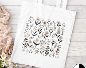 Daisy Tote Bag, White Flower Tote Bag, Floral Tote Bag, Wildflower Tote Bag, Botanical Nature Cotton Tote, Gift for Her