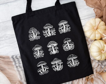 Assorted Mushroom Bag, Black Tote Bag, Mushroom Aesthetic Cotton Tote, Nature Forest Woodland Bag, Cottagecore Bag, Botanical Foraging Bag