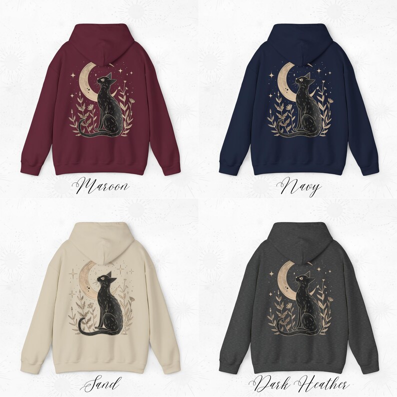 May include: Four hooded sweatshirts with a black cat design on the back. The sweatshirts are in maroon, navy, sand, and dark heather colors. The cat is looking up at a crescent moon with stars in the background.