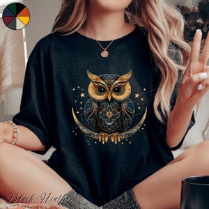 Owl on a Crescent Moon Shirt, Bohemian Owl T Shirt, Mystical Owl Tshirt, Vintage Style Moon Owl Shirt, Boho Shirt, Hippie Clothes, Owl Gifts