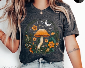Cottagecore Mushroom Moon and Stars Tee, Magic Mushroom Shirt, Goblincore Autumn Tshirt, Forest Witch Mushroom Tshirt, Nature Boho Clothes