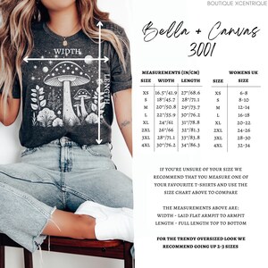 May include: A gray Bella + Canvas 3001 t-shirt with a white mushroom graphic. The size chart shows measurements in inches and centimeters, and women's UK sizes.