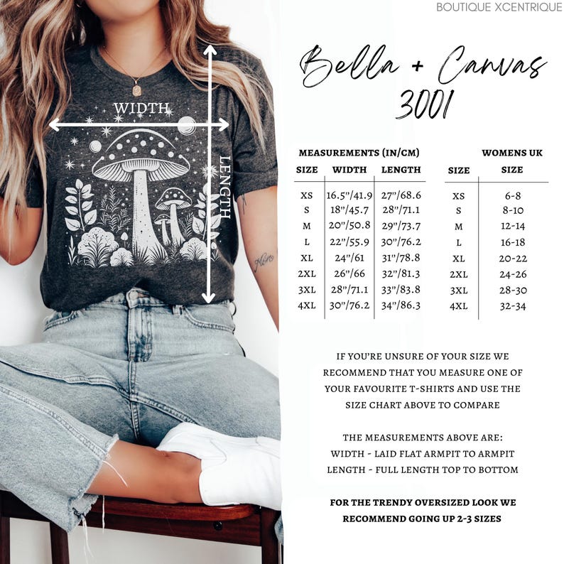 May include: A gray Bella + Canvas 3001 t-shirt with a white mushroom graphic. The size chart shows measurements in inches and centimeters, and women's UK sizes.