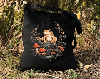 Mushroom and Frog Tote Bag, Botanical Frog Bag, Mushroom Tote Bag, Woodland Creatures, Forest Tote Bag, Canvas Bag, Frog Gifts, Toad Gifts