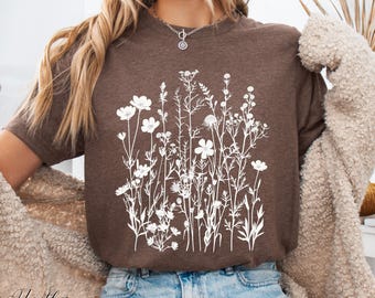 T-shirt fleuri style shabby chic, T-shirt fleuri champêtre, T-shirt fleuri d'été, T-shirt bohème, T-shirt à fleurs pressées, T-shirt botanique, T-shirt à motifs végétaux