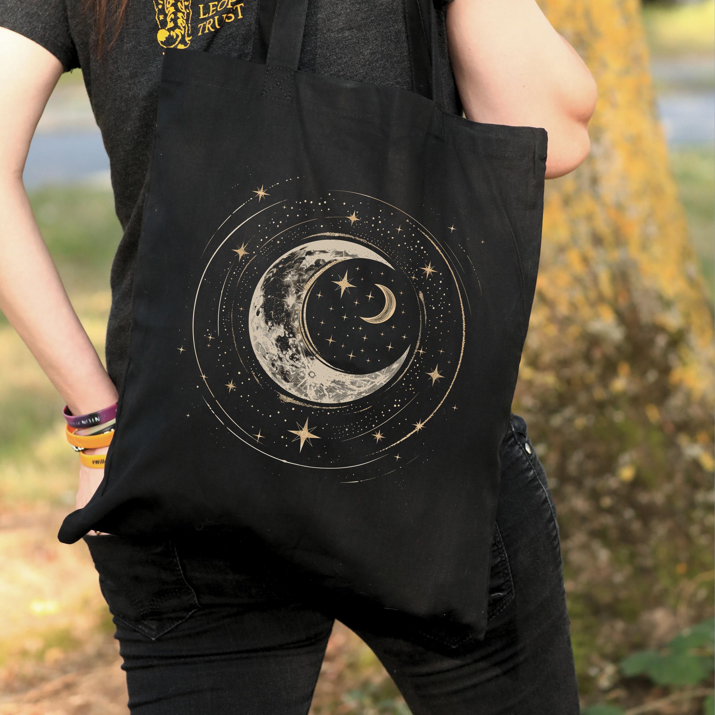 Crescent Moon Tote Bag, Boho Mystic Moon Bag, Moon Phase Canvas