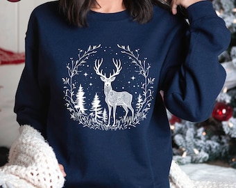 Starlit Deer Cottagecore Jumper, Botanisch Dier esthetisch Sweatshirt, Boho Winterkleding, Bos Boswezens Grafische Kleding