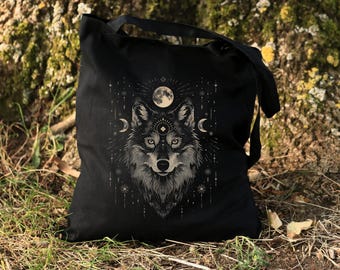 Mystic Wolf Tote Bag, Wolf Moon Bag, Boho Bag, Vintage Aesthetic Wolf Bag, Folklore Canvas Bag, Gothic Bag, Alt Bag, Witchy Gifts Wolf Gifts