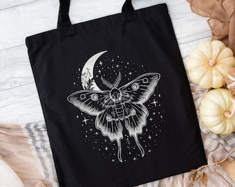 Mystic Moon Moth Tote Bag, Celestial Forest Witch Bag, Black Cotton Canvas Tote, Goblincore Moth Lover Gifts