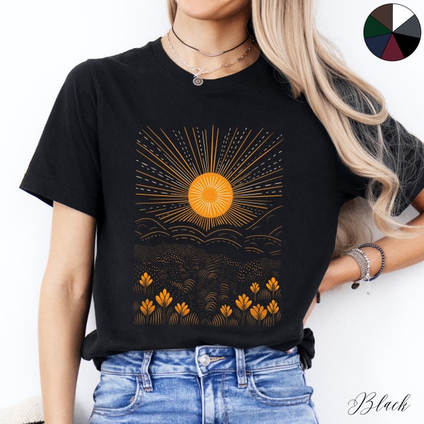 Sun Tee Shirt, Lino Cut Nature Graphic T Shirt, Cottagecore Clothes, Boho T-Shirt, Celestial T-shirt, Summer T Shirt