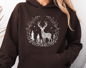 Starlit Deer Hoodie, Boho Stag Deer Christmas Sweatshirt, Cottagecore Forest Animal Hoodie, Autumn Fall Clothing, Winter Graphic Hoodie