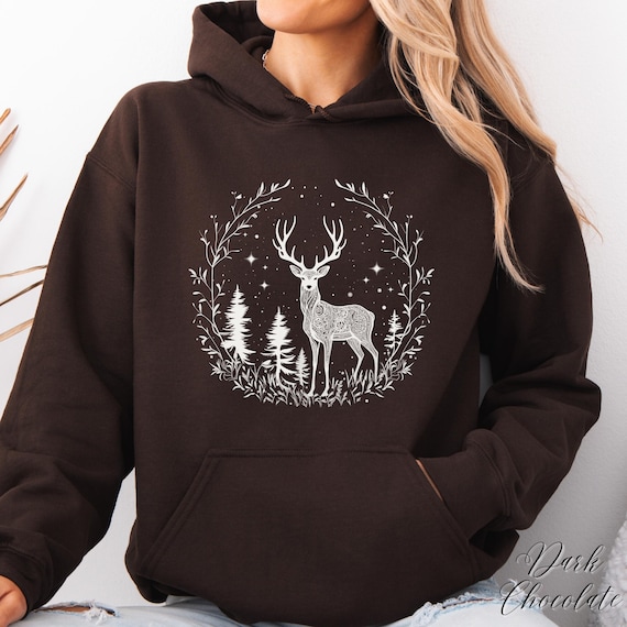 Starlit Deer Hoodie, Boho Stag Deer Christmas Sweatshirt, Cottagecore Forest Animal Hoodie, Autumn Fall Clothing, Winter Graphic Hoodie