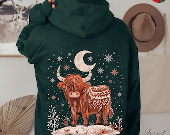 Highland Cow Hoodie, Cute Christmas Cow Hoodie, Boho Winter Hoodie, Cottagecore Xmas Animal Hoody, Christmas Hoodie, Highland Cow Gifts