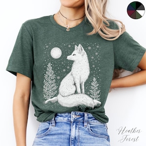 Arctic Fox Tshirt, Fox and Moon Boho Tshirt, Cute White Fox T Shirt, Animal Graphic Tee, Cottagecore Winter Graphic Tee, Christmas Fox Gifts