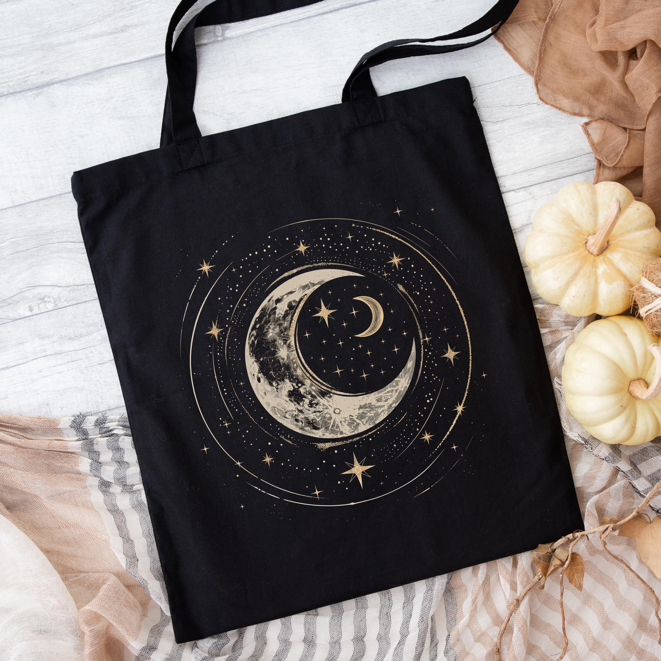 Crescent Moon Tote Bag, Boho Mystic Moon Bag, Moon Phase Canvas