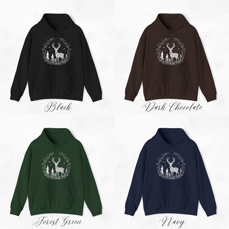 May include: Four hooded sweatshirts in black, dark chocolate, forest green, and navy blue. Each sweatshirt features a white graphic of a deer inside a wreath with the color name displayed below the sweatshirt.