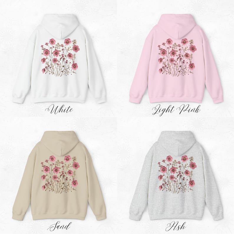 Soft Pink Wildflower Hoodie, Flower Hoodie, Floral Hoodie, Fairycore Cottage core Pullover Back Graphic Hoodie, Boho Clothes, Gifts for Her image 5