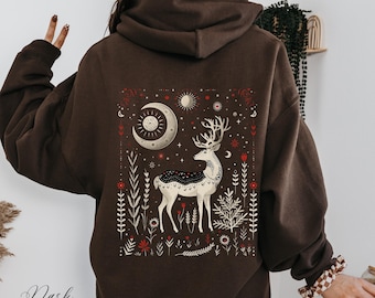 Scandinavian Deer Hoodie, Celestial Deer and Moon Hoodie, Folklore Winter Hoodie, Boho Clothes, Mystic Animal Graphic Hoody, Christmas Gifts