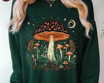 Boho Mushroom and Star Sweatshirt, Bohemian Mushroom Sweatshirt, Magic Mushroom Sweater, Forest in Autumn Jumper, Goblincore Hippie Clothes