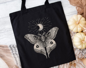 Gothic Moon Moth Cotton Tote Bag, Dark Cottagecore Forest Witch Gift