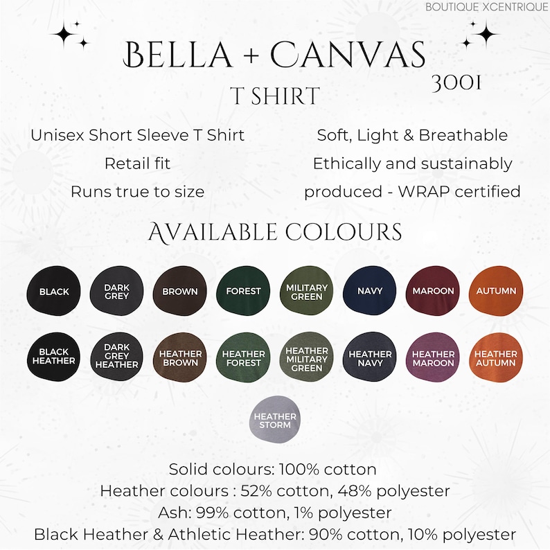 May include: A Bella + Canvas T-shirt in various colors, including black, dark grey, brown, forest green, military green, navy, maroon, and autumn. The shirt is a unisex short sleeve t-shirt with a retail fit and runs true to size. The shirt is made of 100% cotton for solid colors, 52% cotton and 48% polyester for heather colors, 99% cotton and 1% polyester for ash, and 90% cotton and 10% polyester for black heather and athletic heather.
