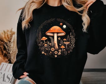 Dark Woodland Mushroom Sweatshirt, Mystical Botanical Goblincore Jumper, Forestcore Mushroom Shirt, Forest Witch Nature Sweater