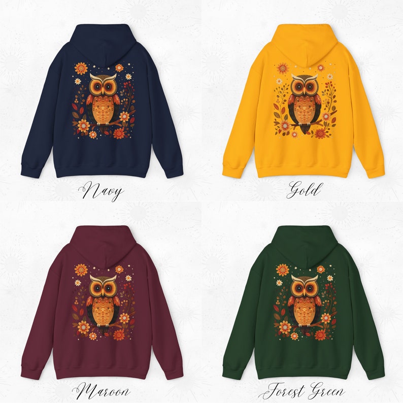 May include: Four different color hoodies with a cute owl design on the back. The owl is surrounded by flowers and leaves. The colors are navy, gold, maroon, and forest green.