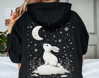 Sudadera con capucha navideña de conejo de invierno, linda sudadera con capucha de conejito blanco, sudadera con capucha de conejo lunar boho, sudadera navideña de animales árticos, sudadera con capucha de animales de invierno