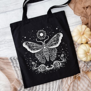 Mystic Moth Tote Bag, Whimsigoth Luna Moth Bag, Mystic Tote Bag, Celestial Bag, Black Canvas Bag, Gothic Bag, Moon Moth Gifts, Witchy Gifts