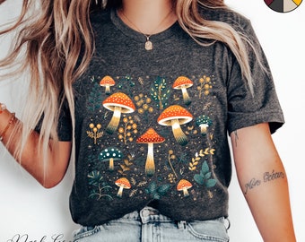 Buntes Pilz T-Shirt, Herbstliches Cottagecore T-Shirt, Unisex Forestcore Kleidung, Boho Natur Wald Waldliebhaber Ästhetisches T-Shirt