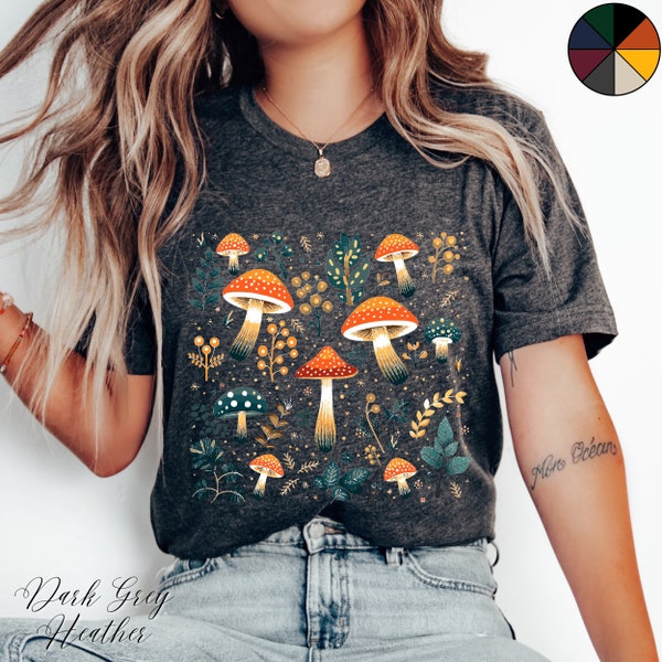 Colourful Mushroom Tshirt, Autumnal Cottagecore Tee Shirt, Unisex Forestcore Clothes, Boho Nature Forest Woodland Lover Aesthetic T-shirt