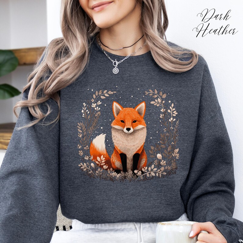 Bohemian Red Fox Sweatshirt, Cute Fox Sweater, Cottage core Fall Autumn Jumper, Woodland Forest Animal Shirt, Winter Boho Clothes, Fox Gifts image 5