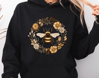 Bumble Bee Hoodie, Floral Bee Sweatshirt, Boho Clothes, Cottagecore Insect and Flower Hoody, Vintage Aesthetic Hippie Clothes, Gift for Her