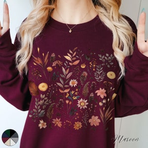 Autumnal Wildflowers Crewneck Sweatshirt, Botanical Wild Flower Jumper, Cottagecore Nature Clothing, Boho Floral Forestcore Clothes