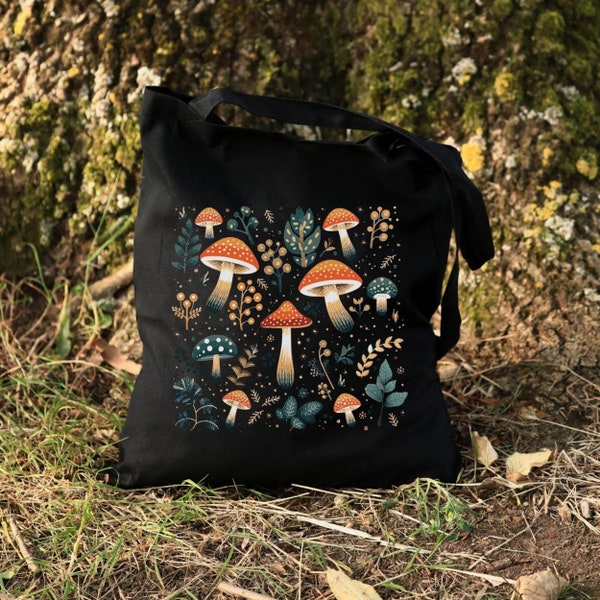 Colourful Mushroom Black Tote Bag, Autumnal Cottagecore Cotton Tote, Botanical Boho Mushroom Bag, Boho Nature Forest Lover Tote Gift