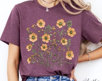 Yellow Flower Shirt, Boho Wildflower Shirt, Botanical Nature Cottagecore Graphic Tee, Floral Goblincore Clothing