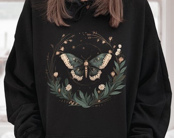 Goblincore Flower Moth Hoodie, Gothic Butterfly Graphic Hoodie, Dark Cottagecore Clothes, Vintage Style Gothic Clothes, Forest Witch Gifts