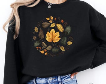 Maglione con foglie autunnali, felpa autunnale con foglie cadute, maglione autunnale stile cottage, maglietta con piante del bosco, maglietta con motivi naturali, abbigliamento botanico hippie
