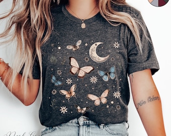Camiseta bohemia de mariposa, camiseta de mariposa lunar, camiseta con gráfico vintage, camiseta de mariposa, camiseta bohemia, ropa hippie bohemia, regalos de mariposa