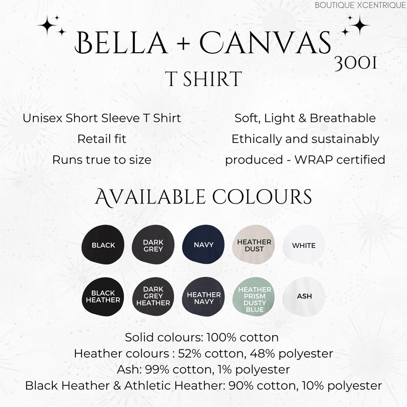 May include: Bella + Canvas 3001 T-shirt available in a range of colours, including black, dark grey, navy, heather dust, white, black heather, dark grey heather, heather navy, heather prism dusty blue, and ash. Solid colours are 100% cotton, heather colours are 52% cotton and 48% polyester, ash is 99% cotton and 1% polyester, and black heather and athletic heather are 90% cotton and 10% polyester.