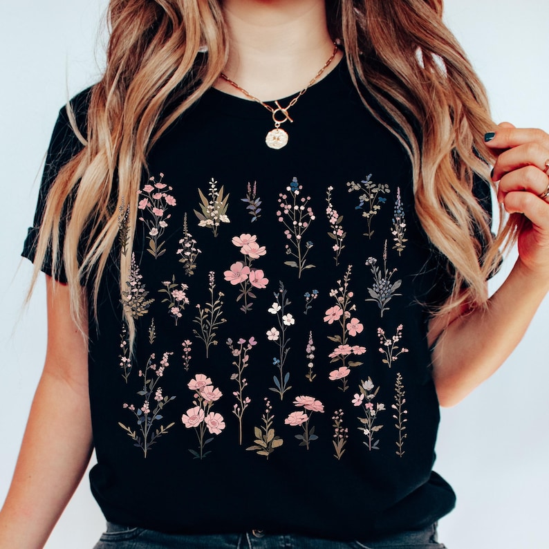 Delicate Wildflower Shirt, Garden Plants Shirt, Botanical Floral Shirt, Boho Flower Shirt, Pink Wild Flower Tshirt, Cottagecore T Shirt image 1