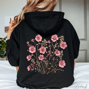Soft Pink Wildflower Hoodie, Flower Hoodie, Floral Hoodie, Fairycore Cottage core Pullover Back Graphic Hoodie, Boho Clothes, Gifts for Her