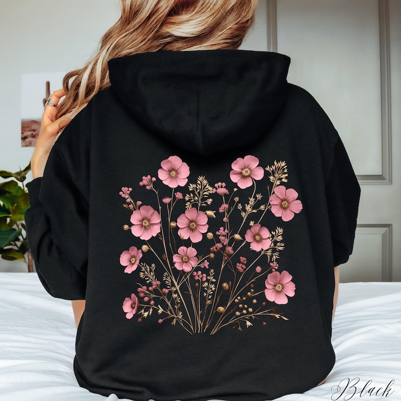 Soft Pink Wildflower Hoodie, Flower Hoodie, Floral Hoodie, Fairycore Cottage core Pullover Back Graphic Hoodie, Boho Clothes, Gifts for Her image 1