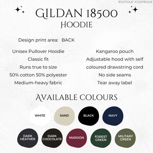 May include: Gildan 18500 Hoodie, a unisex pullover hoodie with a kangaroo pouch, adjustable hood with self-colored drawstring cord, no side seams, and a tear-away label. Available colors include white, sand, black, navy, dark heather, dark chocolate, maroon, forest green, and military green.