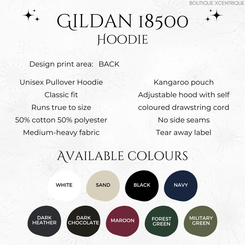May include: Gildan 18500 Hoodie, a unisex pullover hoodie with a kangaroo pouch, adjustable hood with self-colored drawstring cord, no side seams, and a tear-away label. Available colors include white, sand, black, navy, dark heather, dark chocolate, maroon, forest green, and military green.