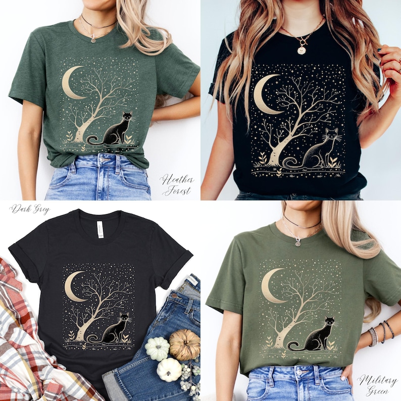 May include: Four t-shirts in dark grey, heather forest, black, and military green. Each shirt features a gold design of a crescent moon, tree, and cat. The text "Heather Forest" and "Military Green" are visible.