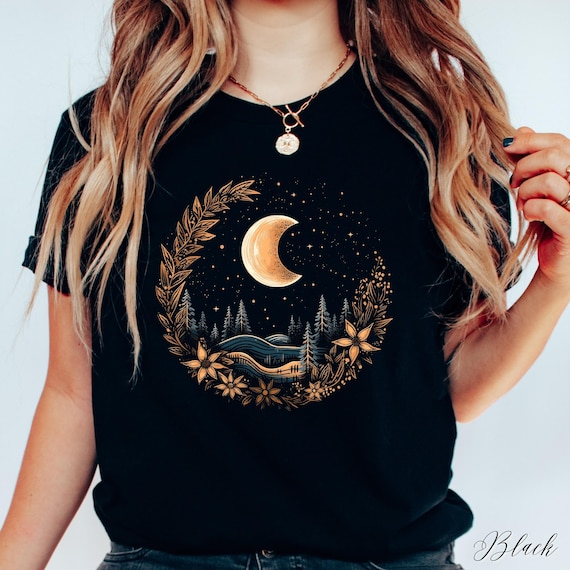 Bohemian Crescent Moon Tshirt, Flower Moon Shirt, Celestial Tshirt, Boho Tshirt, Mystical Moon T Shirt, Vintage Style Hippie Clothes