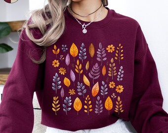 Felpa con foglie autunnali, felpa autunnale, felpa con piante del bosco, maglione boho a tema natura, maglione foresta, felpa autunnale cottagecore