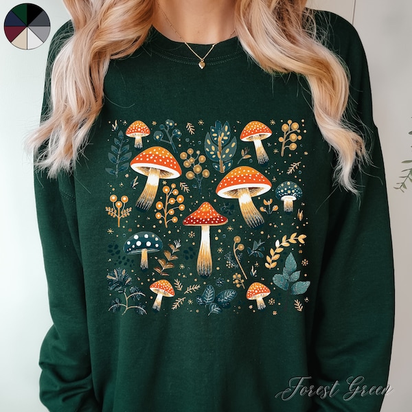Colourful Mushroom Autumn Unisex Sweatshirt, Cottagecore Fall Jumper, Botanical Sweater, Boho Nature Forest Lover Gift, Forestcore Clothes